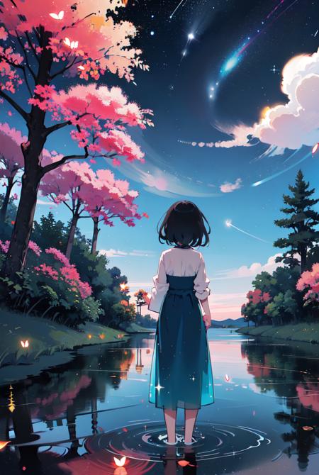 1688881221183995966-3609447680-gemshadow, 1girl, solo, sky, dress, night, long hair, star (sky), outdoors, water, night sky, from behind, starry sky, black hai.png